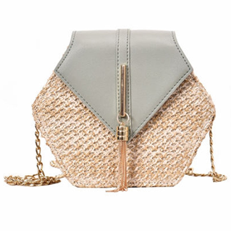 Handtasche aus geflochtenem Raphiabast und Leder - mit geometrischem Muster