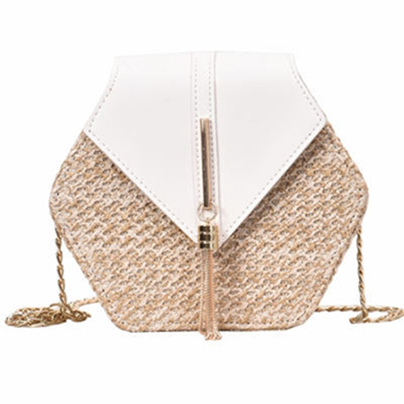 Handtasche aus geflochtenem Raphiabast und Leder - mit geometrischem Muster
