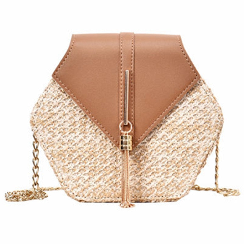 Handtasche aus geflochtenem Raphiabast und Leder - mit geometrischem Muster